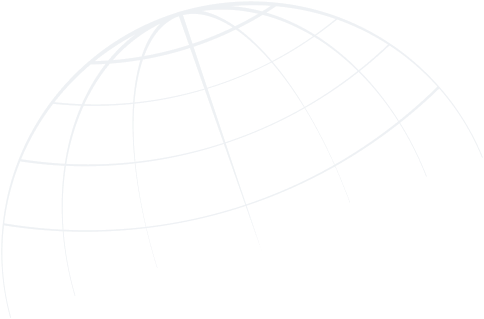 Wireframe half-globe with latitude and longitude lines on a black background.