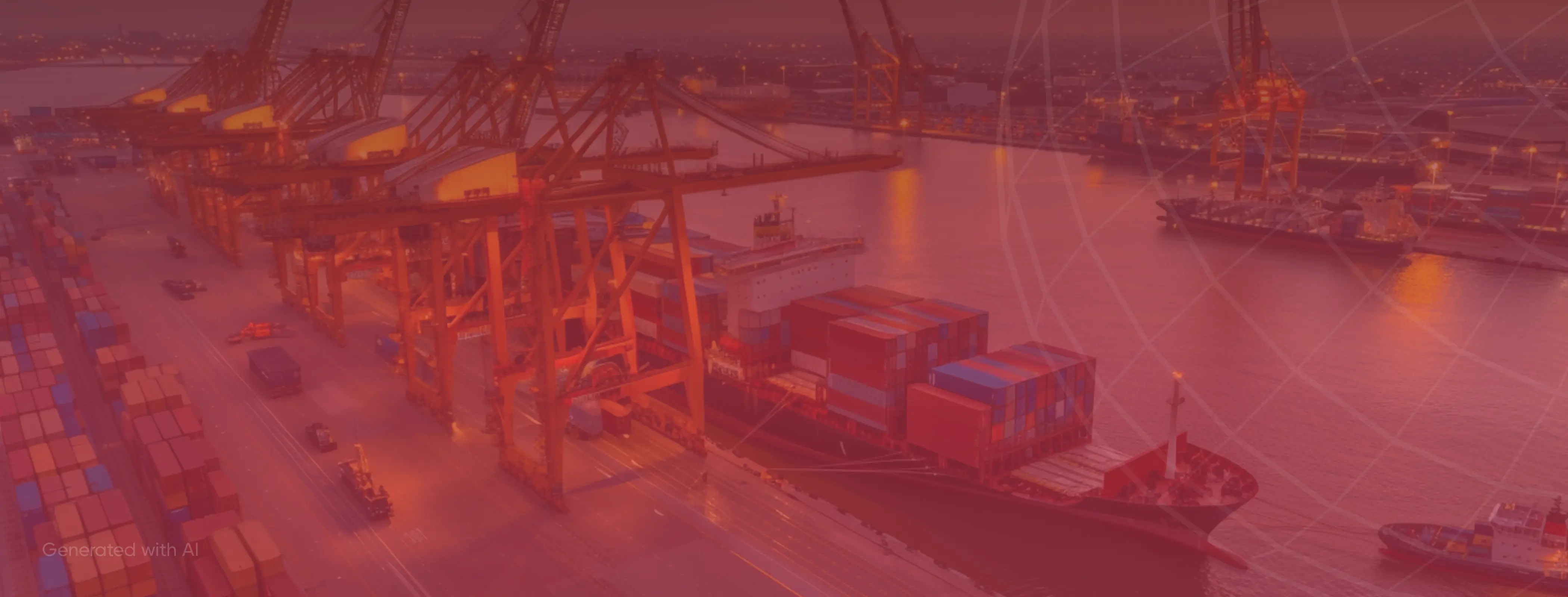 Container ship docked at a port with cranes unloading cargo containers at dusk.