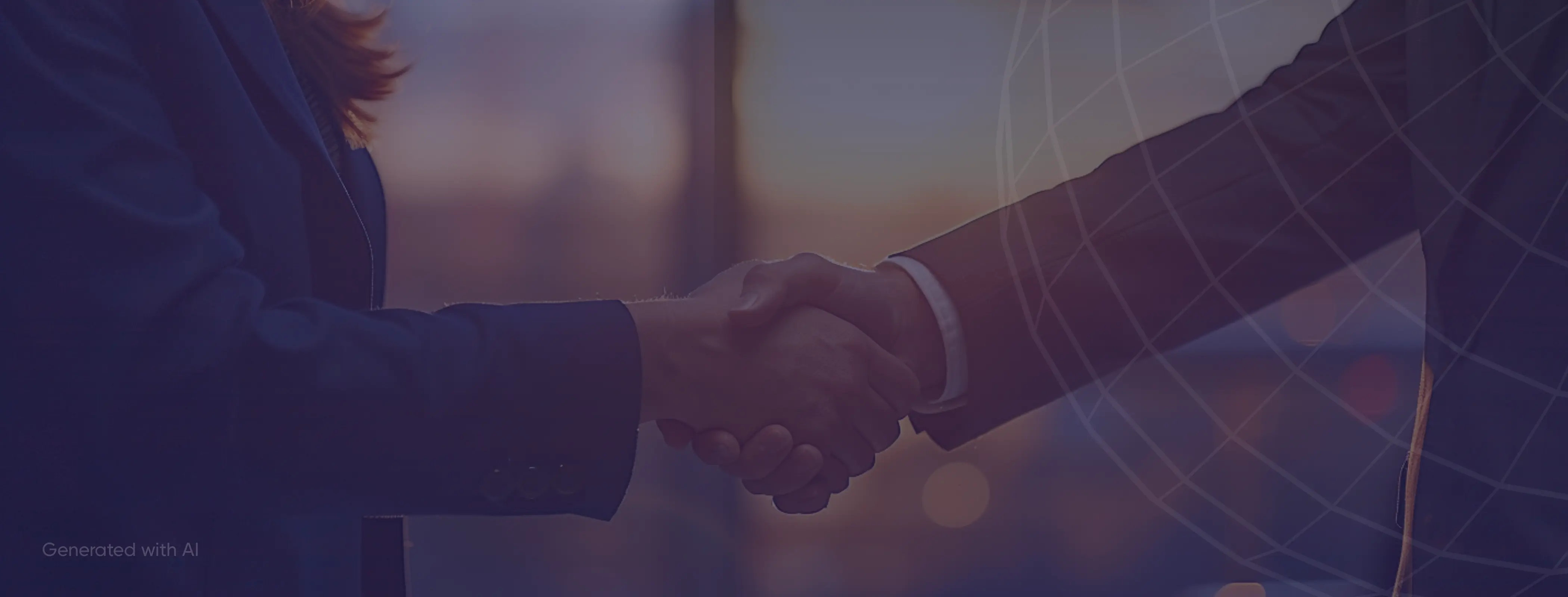 Two people in business attire shaking hands in front of a blurred cityscape with a faint globe grid overlay.