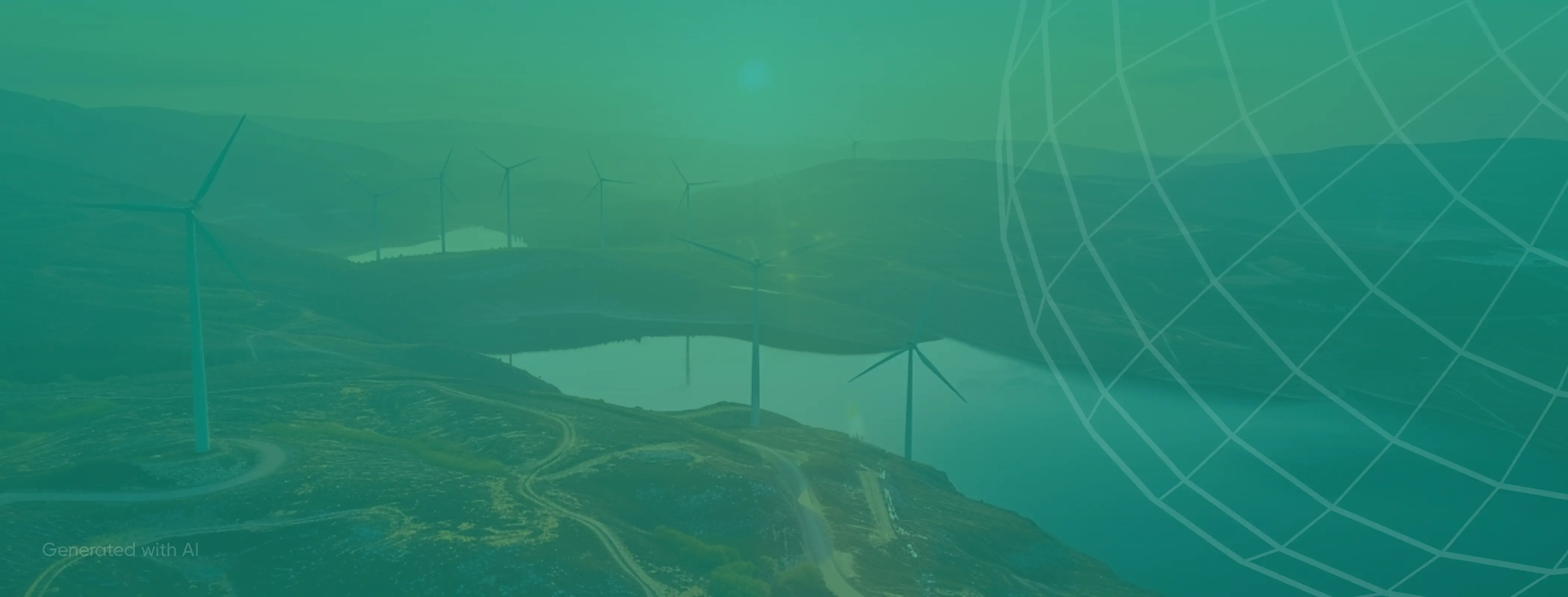 Sunset over hills with wind turbines near a lake reflecting the sky.