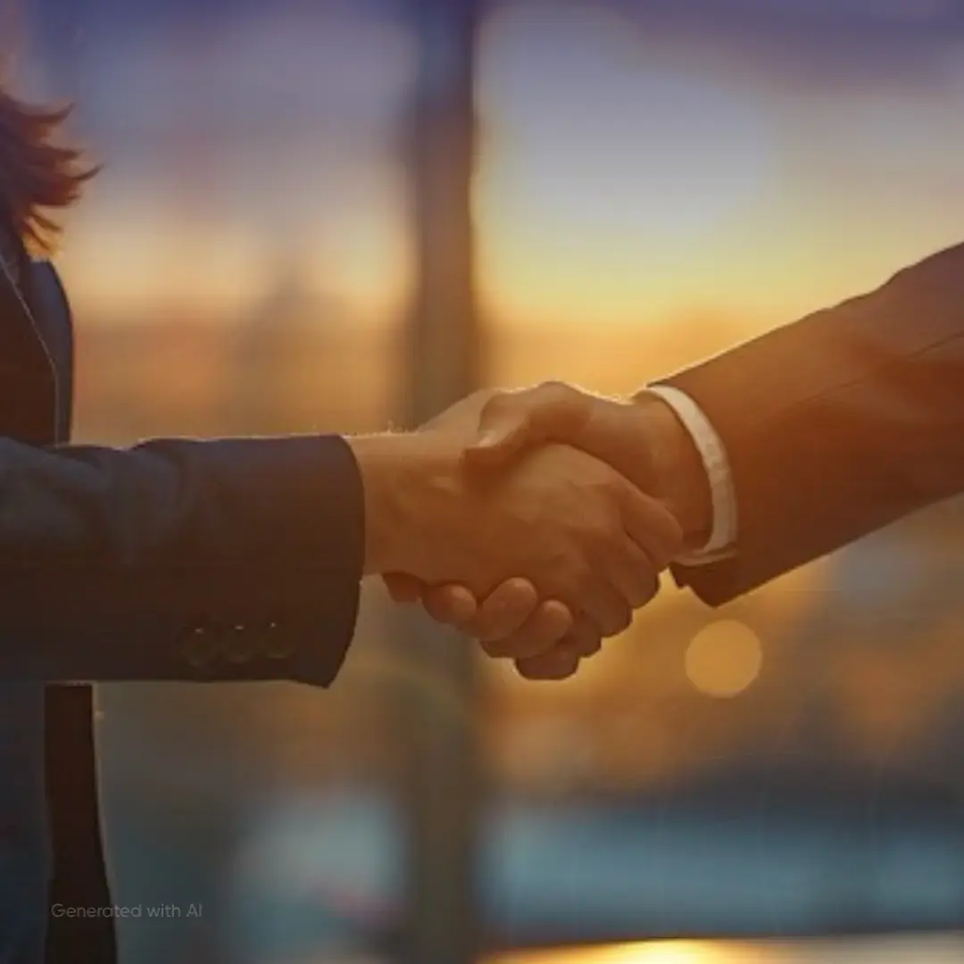 Two people shaking hands indoors with a warm, blurred background.