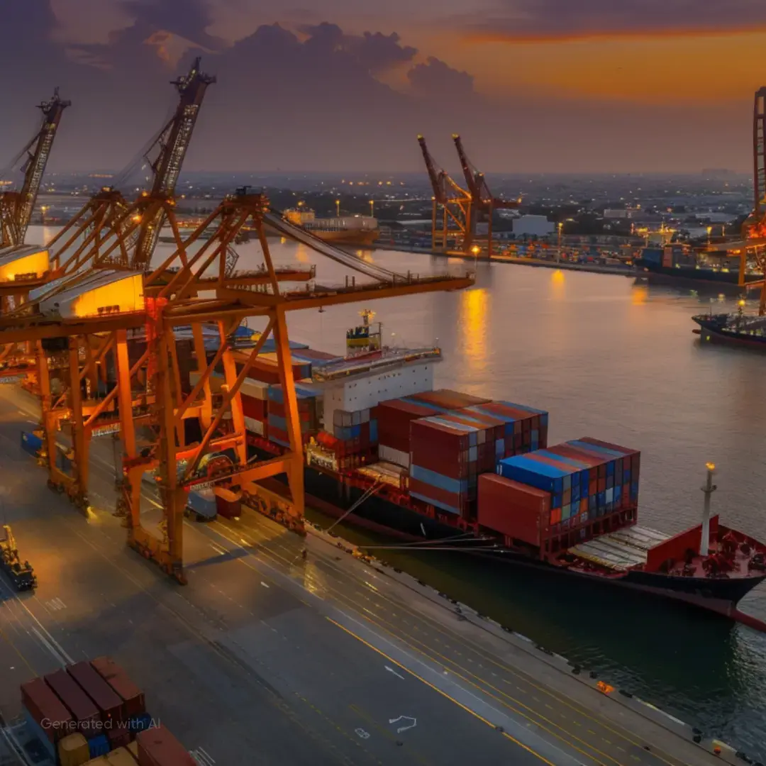 Cargo ship docked at a port with large cranes unloading containers at sunset.