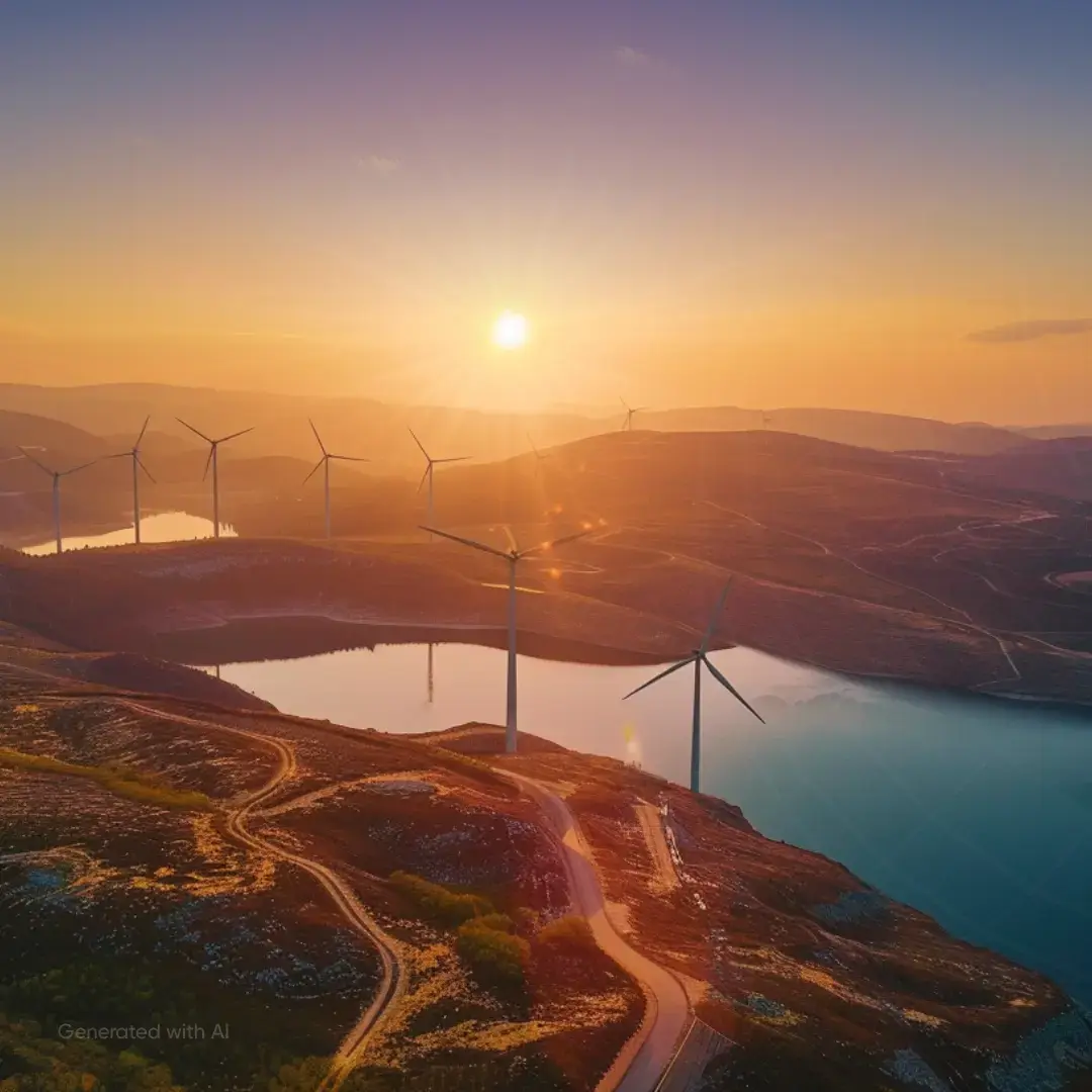 Wind turbines on rolling hills beside a lake at sunset under a clear sky.