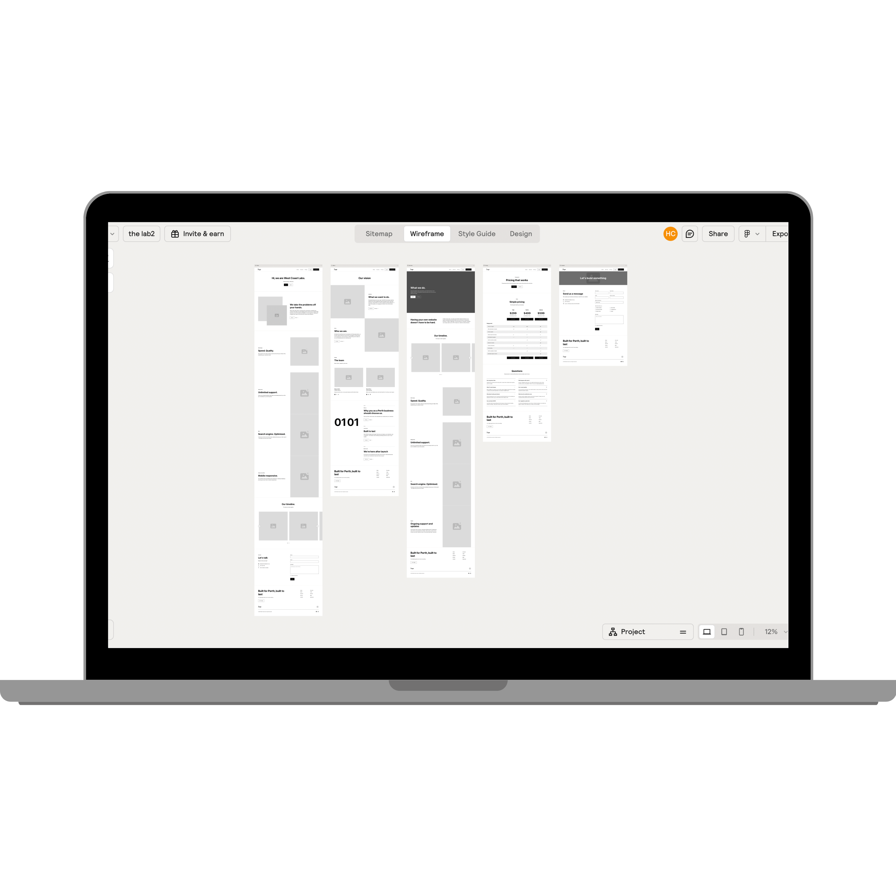 Laptop displaying a design tool interface with five vertical wireframe thumbnails labeled Sitemap, Wireframe, Style Guide, and Design tabs.