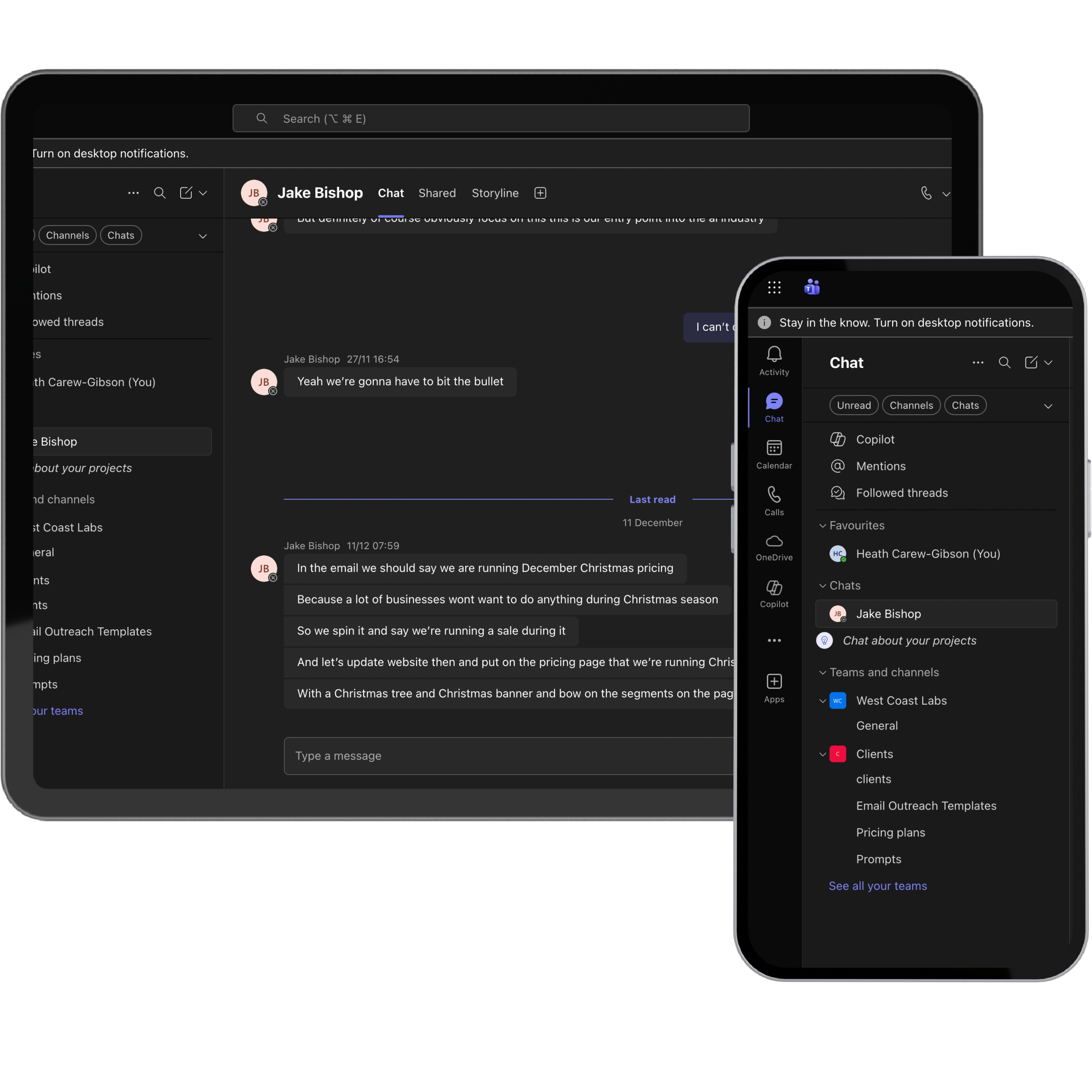 Tablet and smartphone displaying a Microsoft Teams chat interface with messages about December Christmas pricing and business communication.