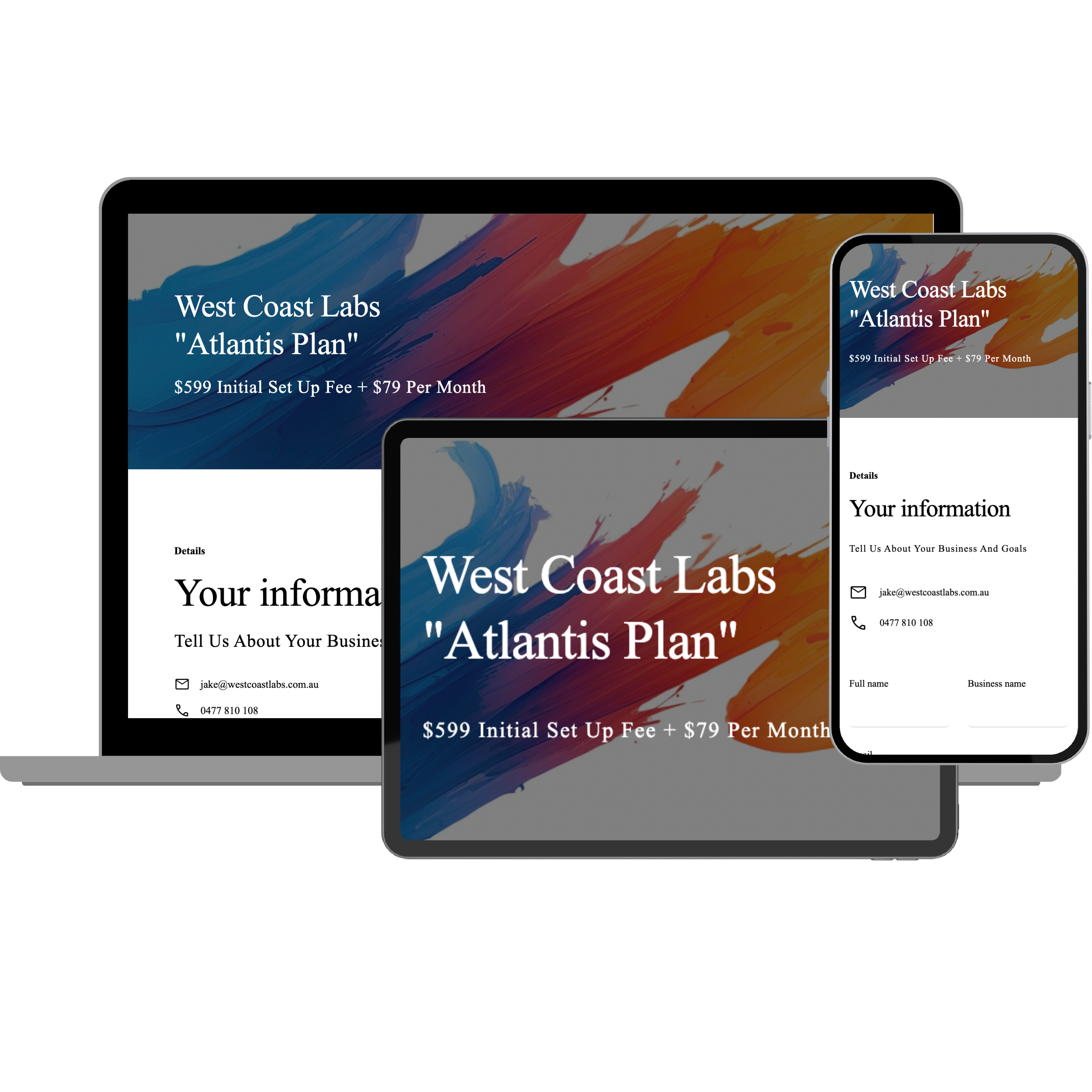 Responsive web design showing West Coast Labs Atlantis Plan on laptop, tablet, and smartphone screens.