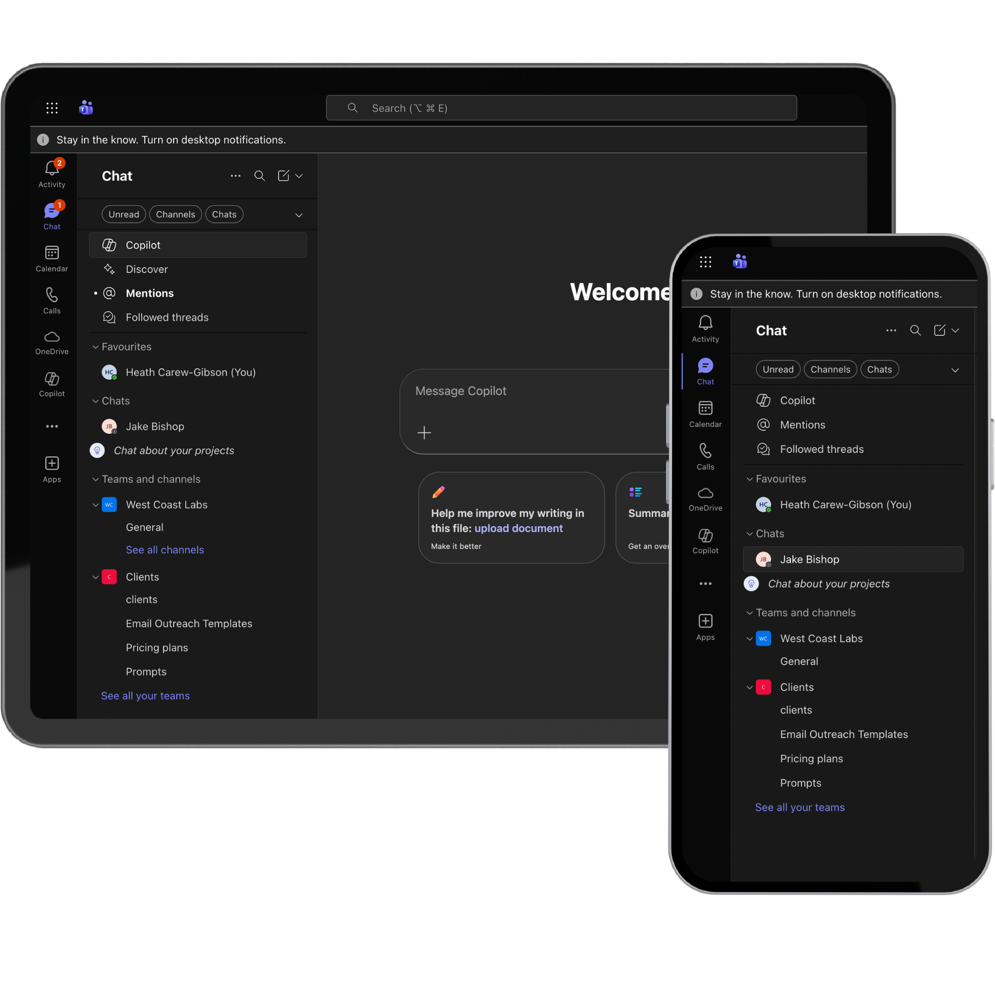 Tablet and smartphone screens displaying a chat application interface with messages, channels, and teams listed.