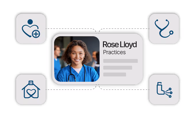 Profile card of a smiling female healthcare professional named Rose Lloyd in blue scrubs with four medical icons around her.