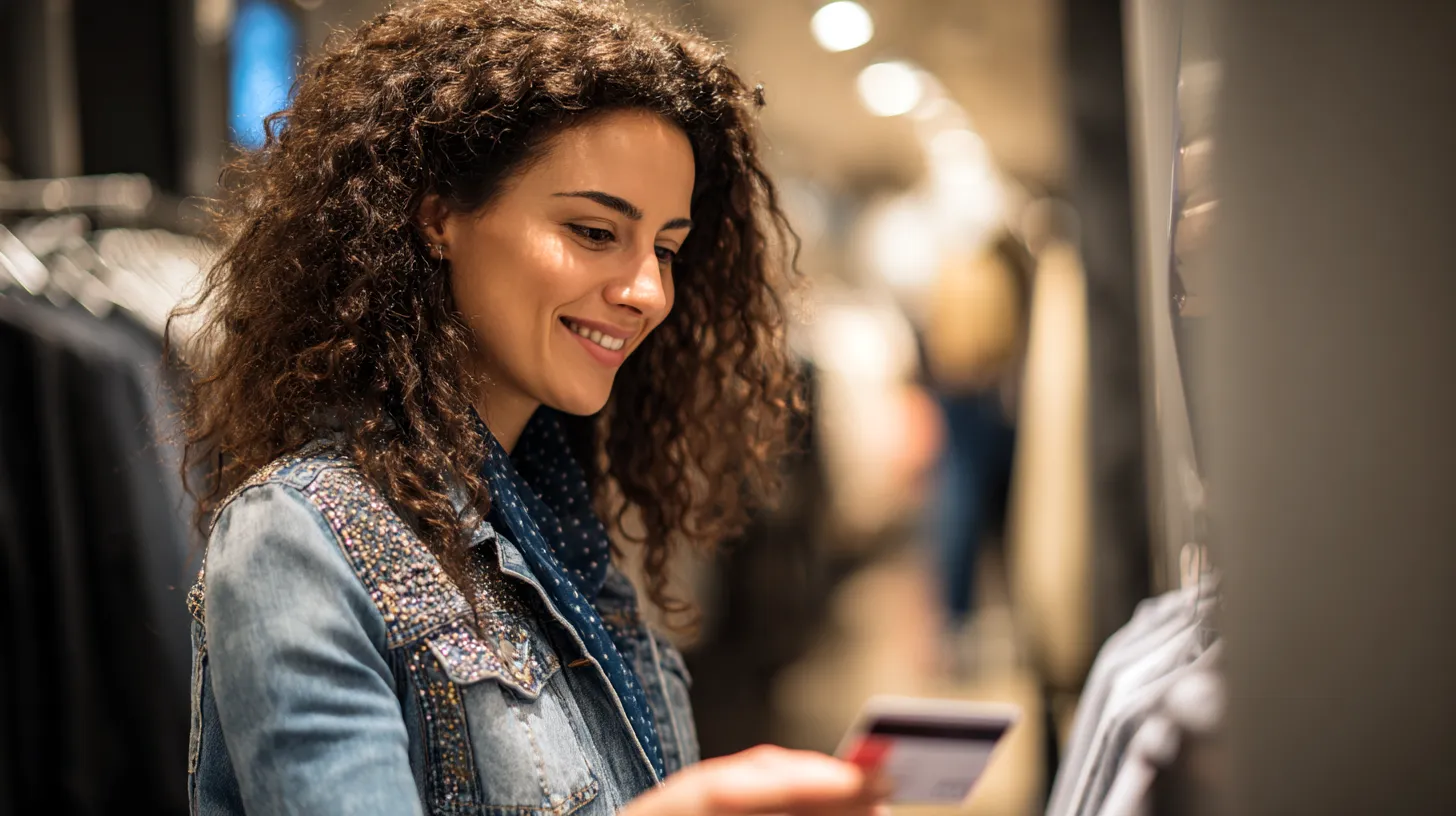 Smiling woman with curly hair holding a credit card in a clothing store.