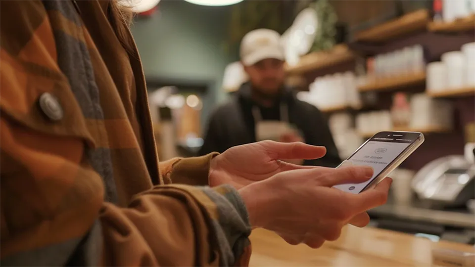 Person using a smartphone app inside a shop with a blurred shopkeeper in the background.
