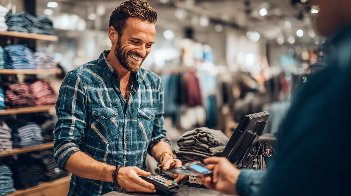Smiling male cashier in a plaid shirt holding a card payment terminal while a customer taps their phone to pay.