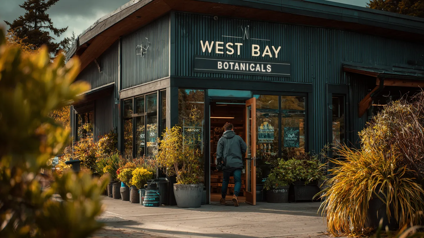 Person entering West Bay Botanicals store with plants and flowers arranged outside.