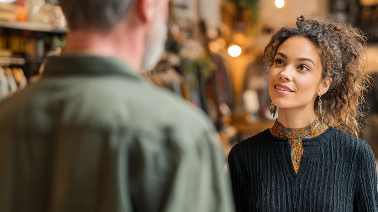 Young woman with curly hair and earrings smiling while talking to a man in a casual setting.