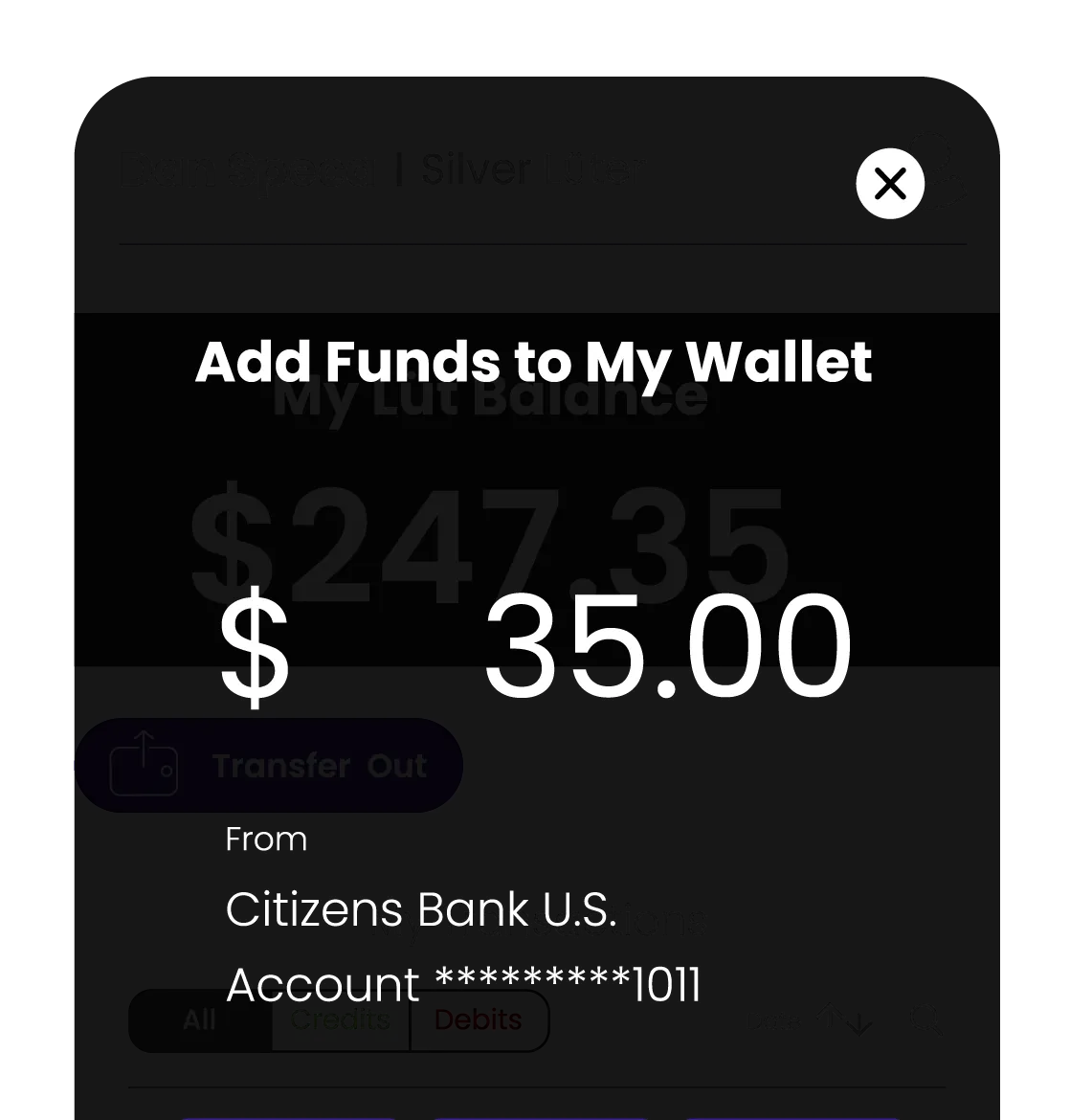 Digital wallet interface showing adding $35.00 from Citizens Bank U.S. account ending in 1011.