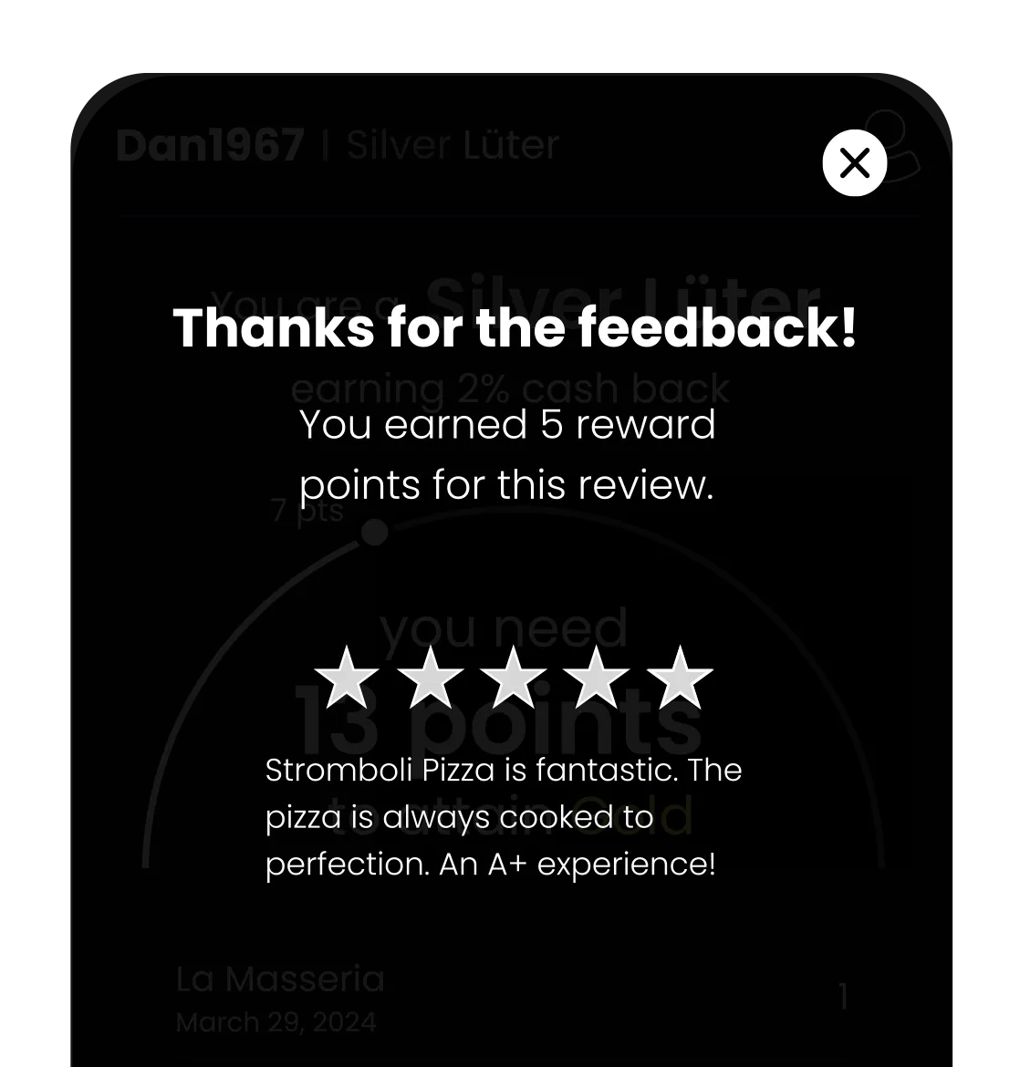 Thank you message displaying a 5-star rating and a review praising Stromboli Pizza for being fantastic and perfectly cooked.