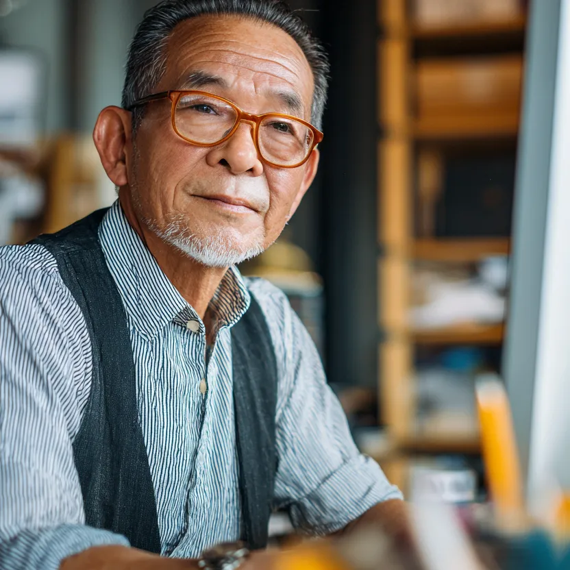 Older man wearing glasses and a striped shirt with a vest, looking thoughtfully at the camera indoors.