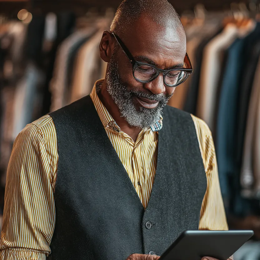Smiling man with glasses and beard wearing a striped shirt and vest looking at a tablet in a clothing store.