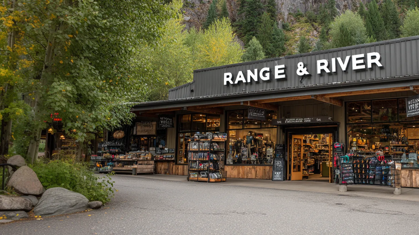 Exterior view of the Range & River outdoor gear store with merchandise displays outside and surrounded by trees and rocks.