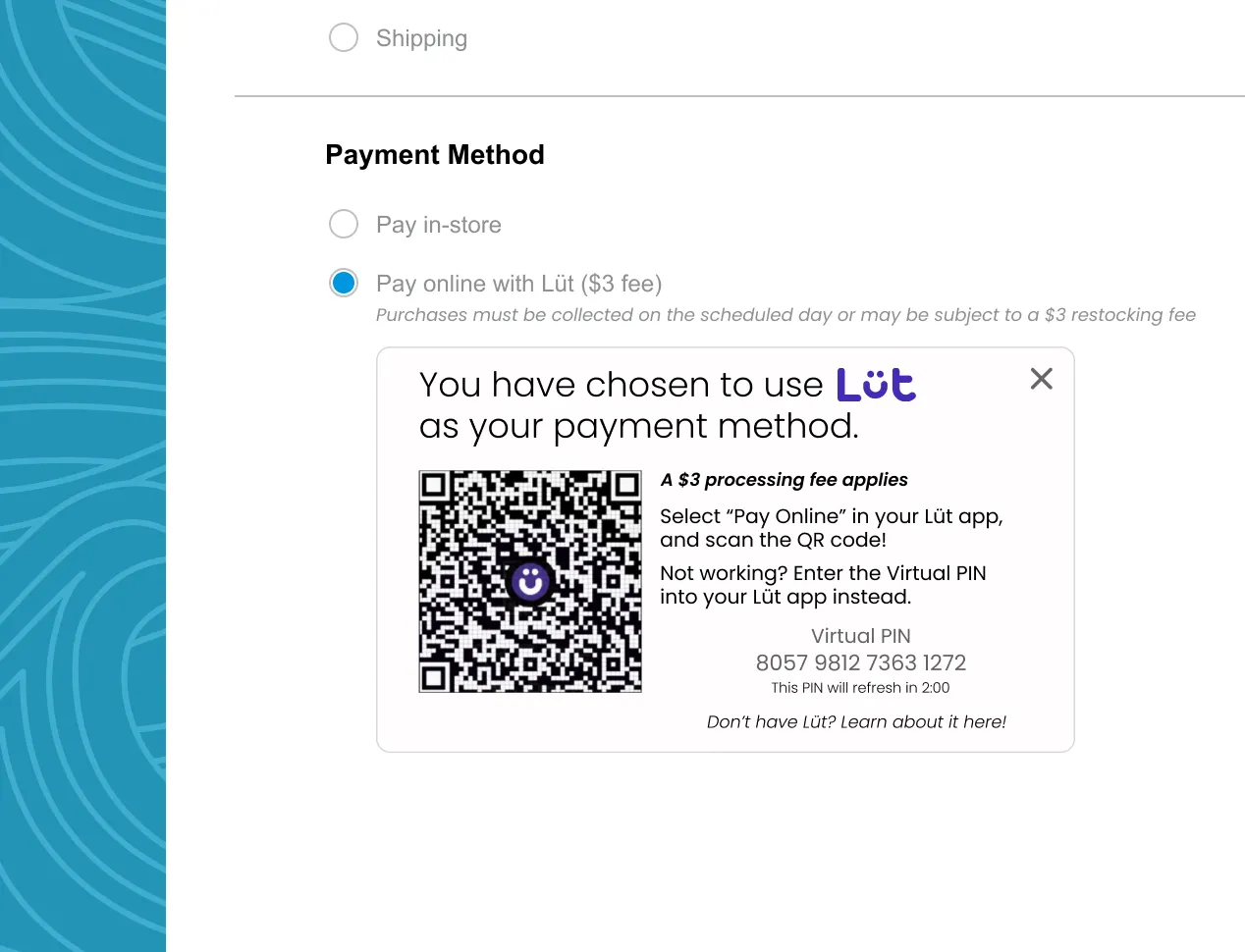 Payment method selection showing 'Pay online with Lüt' with a $3 fee, QR code for scanning, and a virtual PIN number.