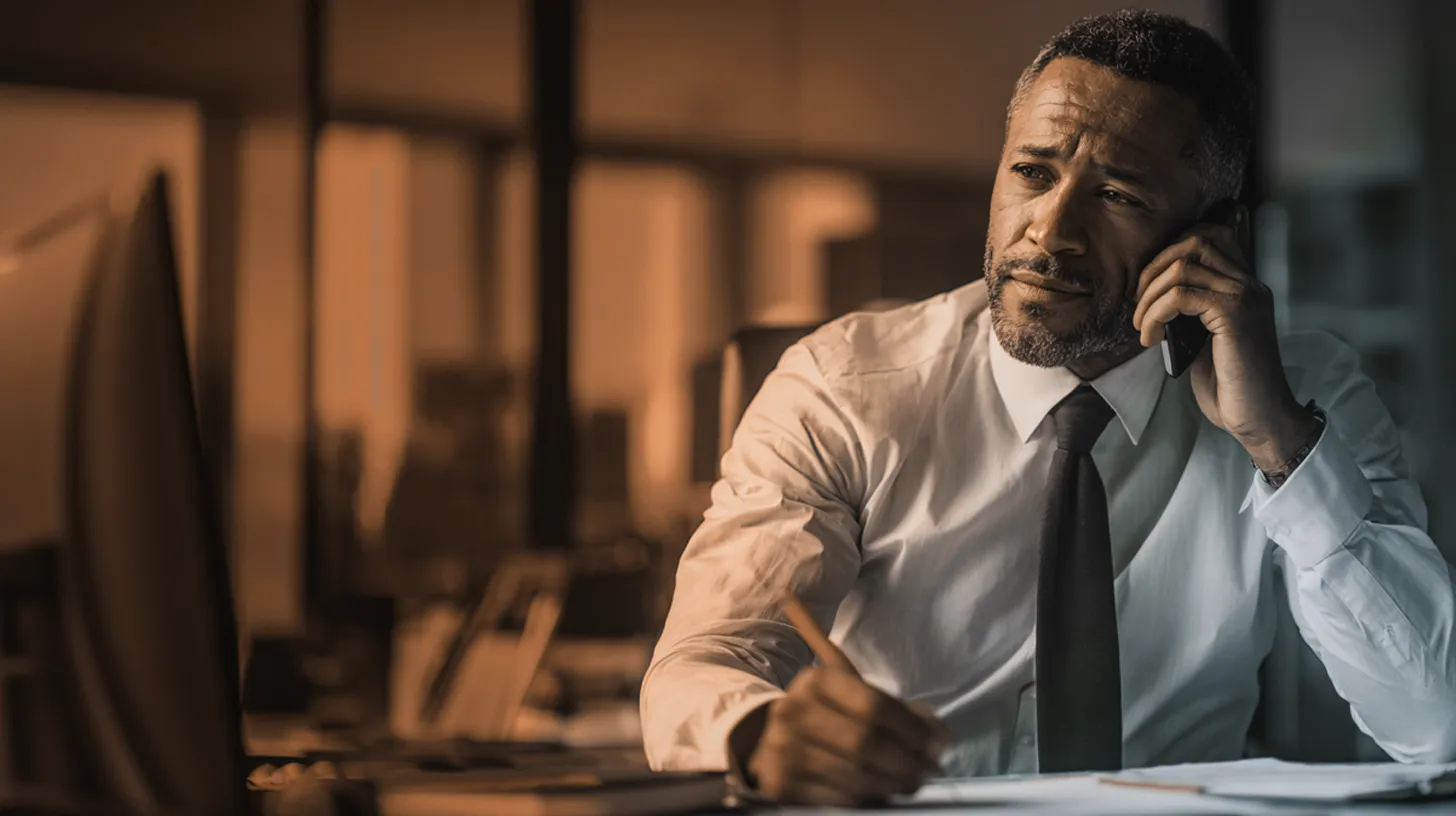 Businessman in a white shirt and black tie talking on a phone while working at his desk.