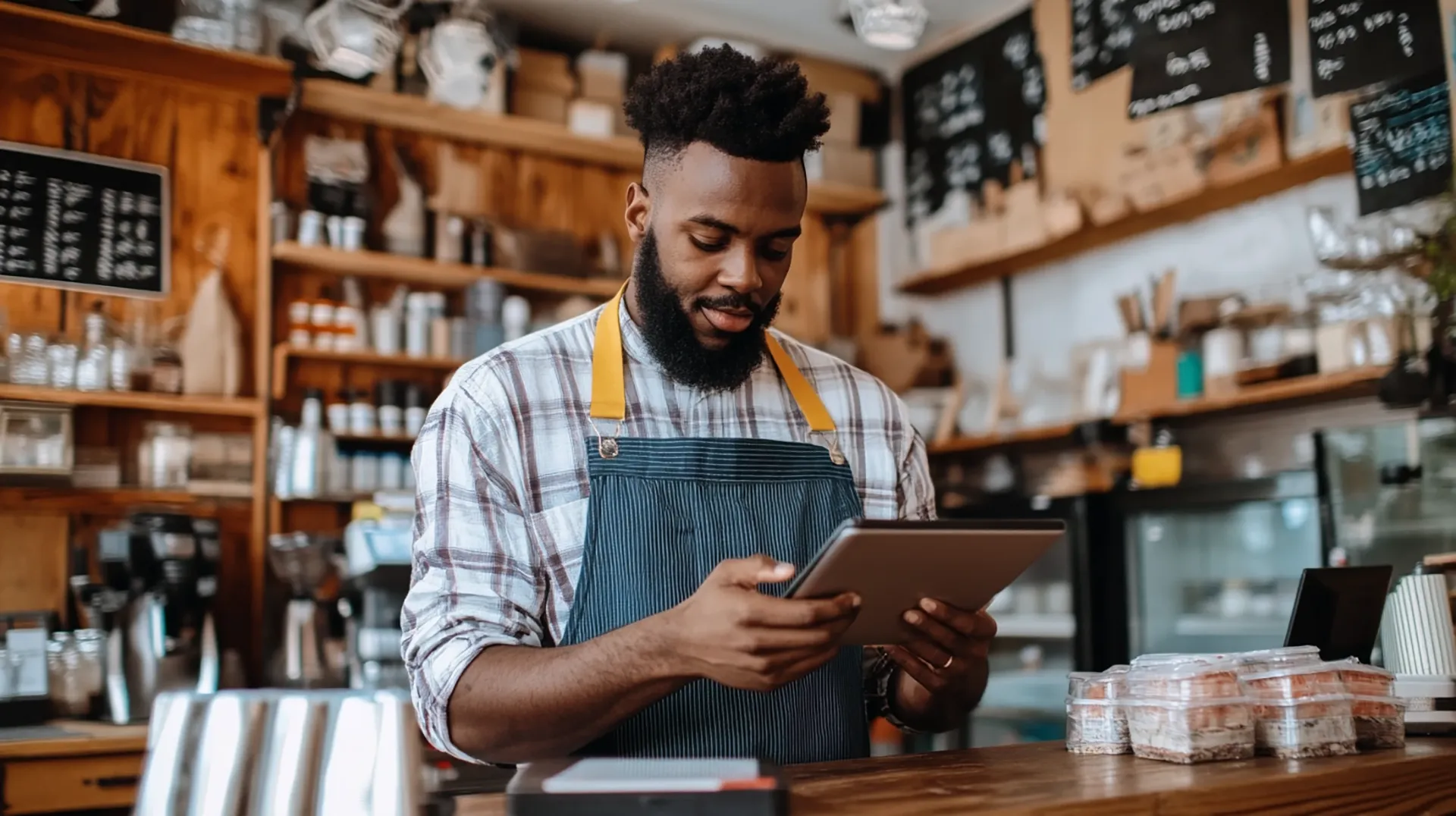Barista in apron using a tablet behind a wooden counter with packaged pastries in a café.