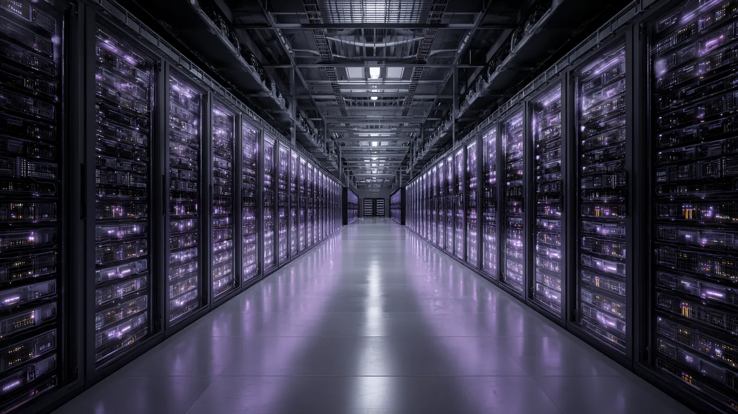 Long corridor inside a data center with rows of server racks illuminated by purple LED lights.
