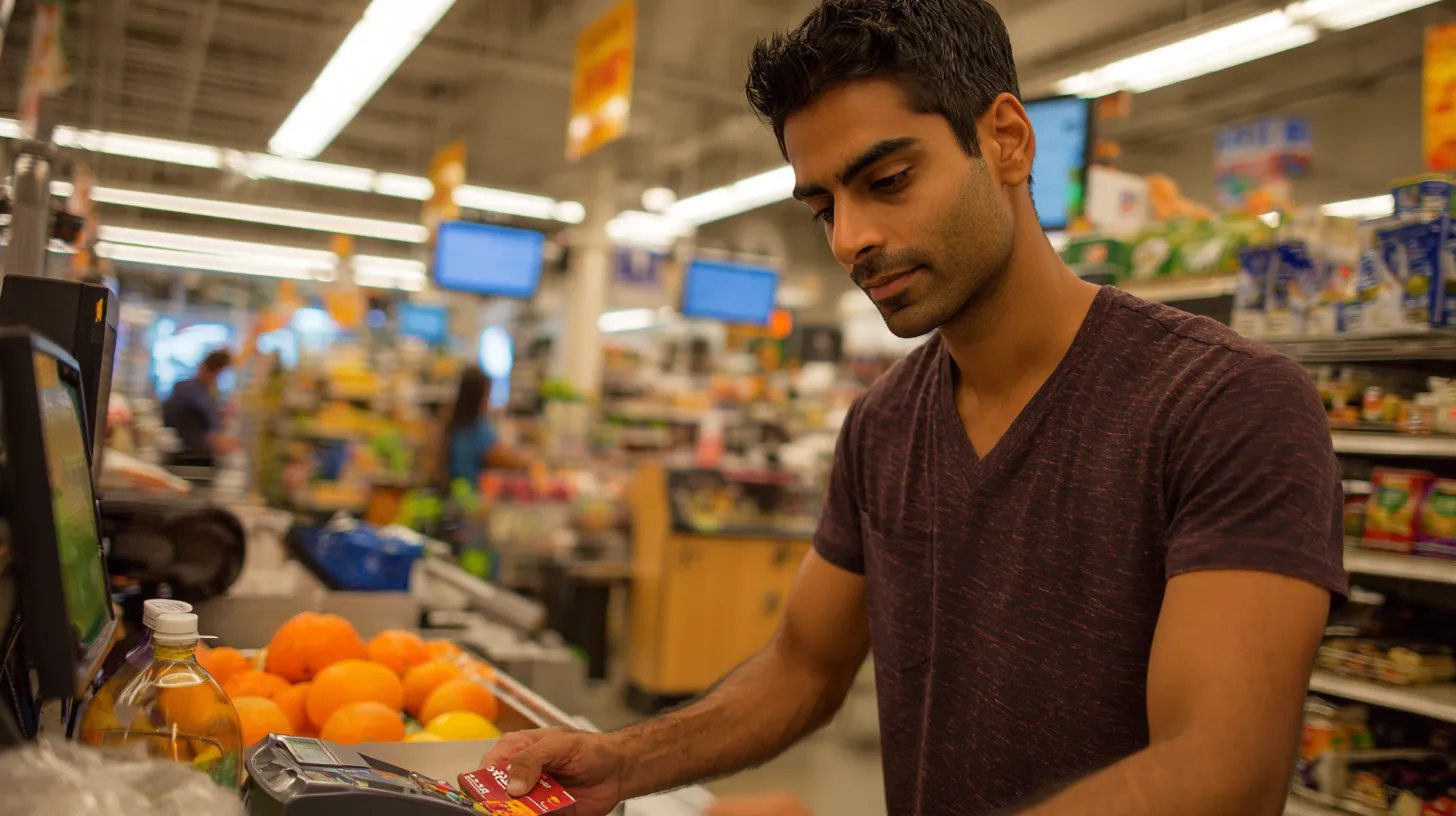 Man paying with a credit card at a supermarket checkout counter with oranges and groceries nearby.