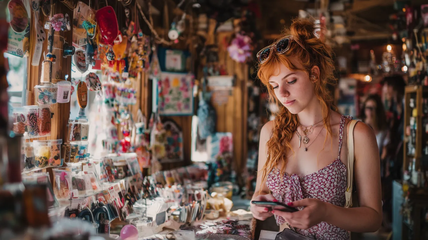 Young woman with red hair and floral top browsing her smartphone inside a colorful artisan shop.