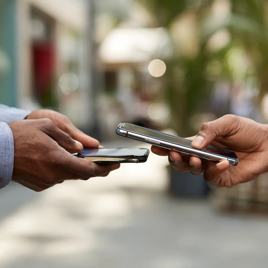 Two people holding smartphones close to each other outdoors, suggesting digital payment or data transfer.