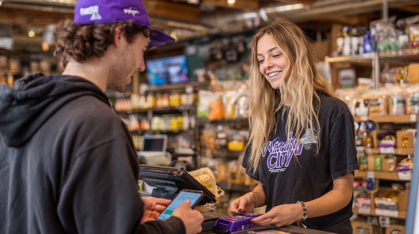 Smiling female cashier in a store assisting a male customer using his phone for payment.