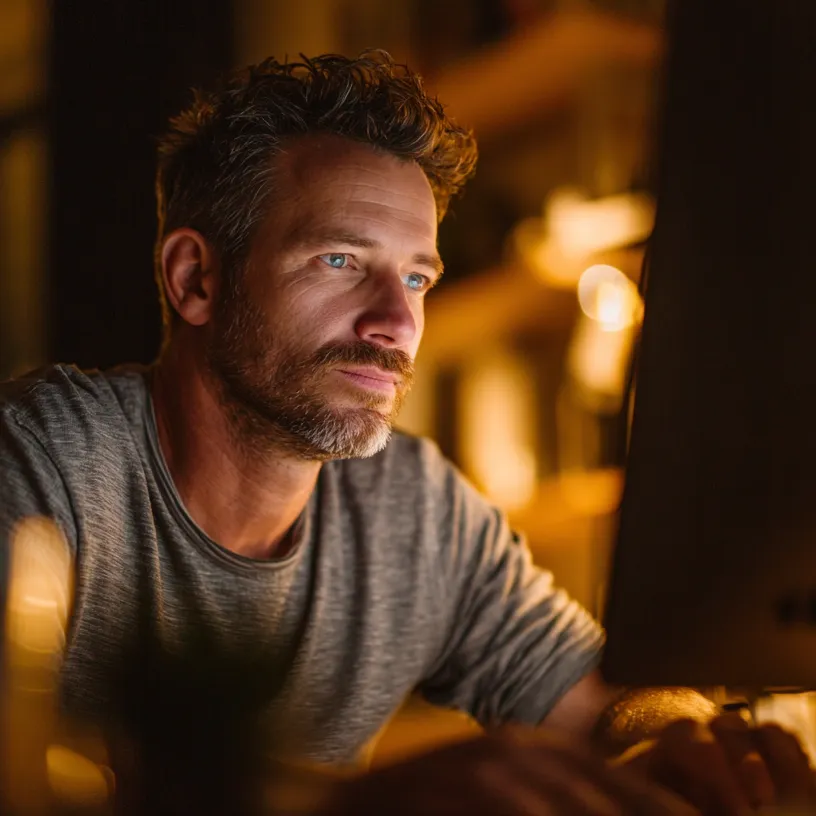 Man with blue eyes and beard focusing intently on a computer screen in warm indoor lighting.