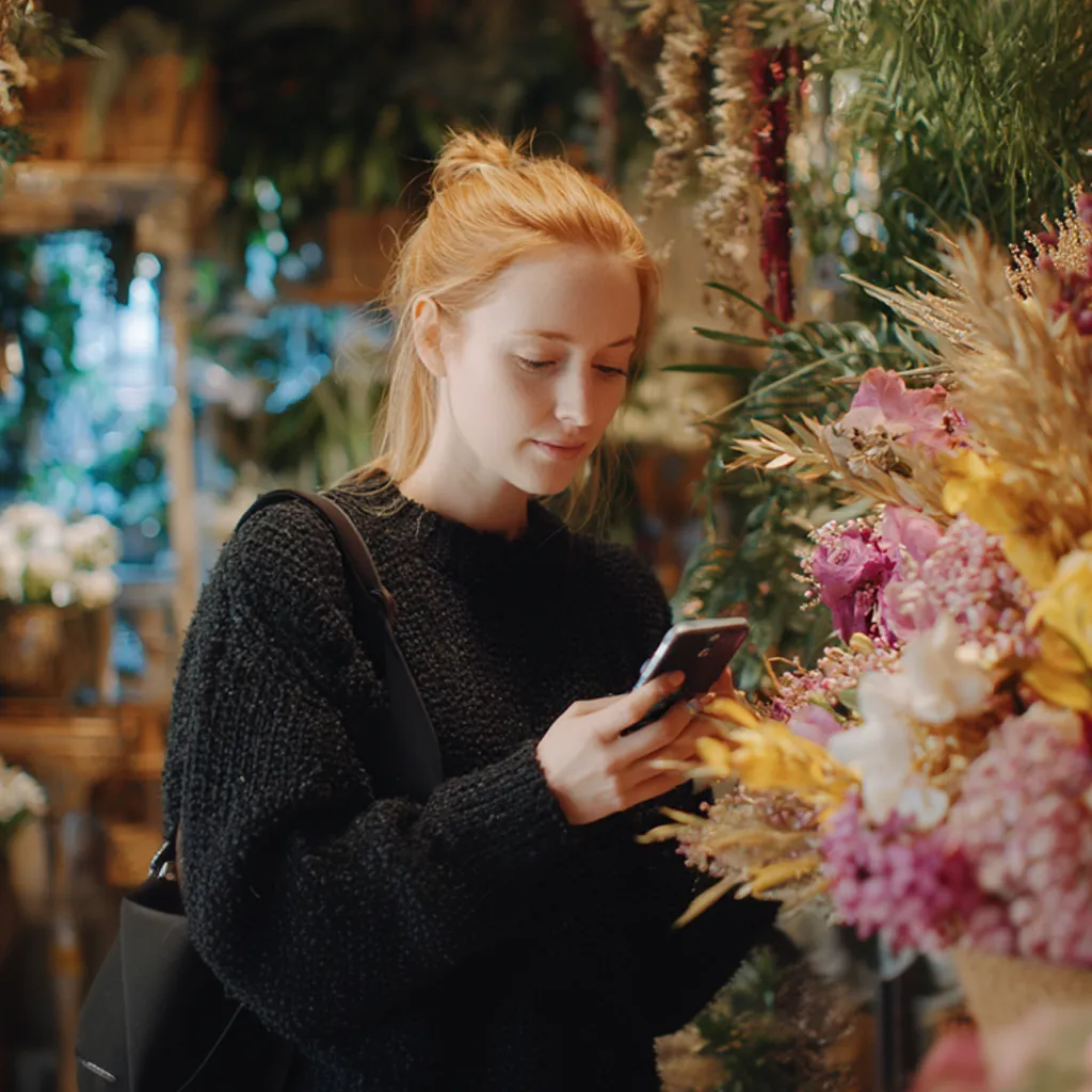 Young woman in a black sweater using her phone while standing beside colorful flowers in a plant shop.