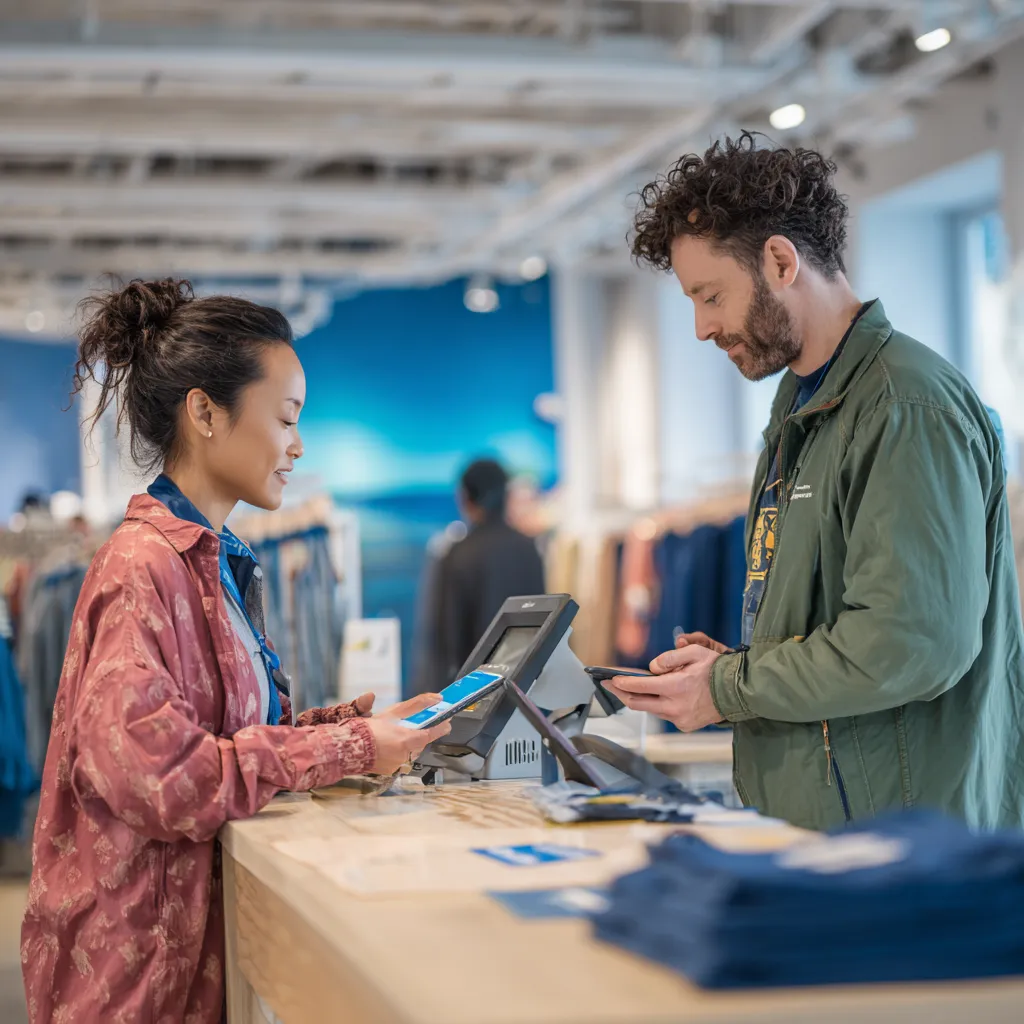 A woman and a man using their smartphones to make a payment at a retail store counter.