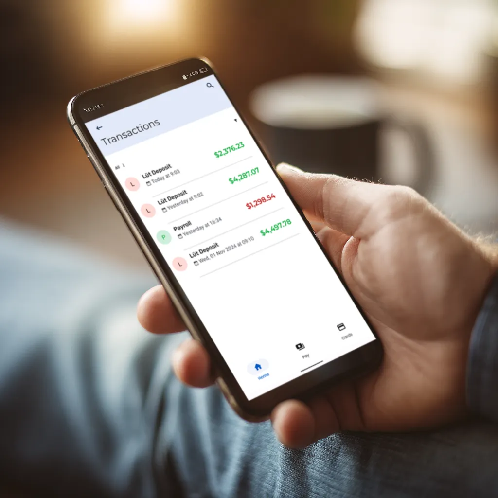 Hand holding a smartphone displaying a banking app with recent transactions, including deposits and payroll, marked in green and red amounts.