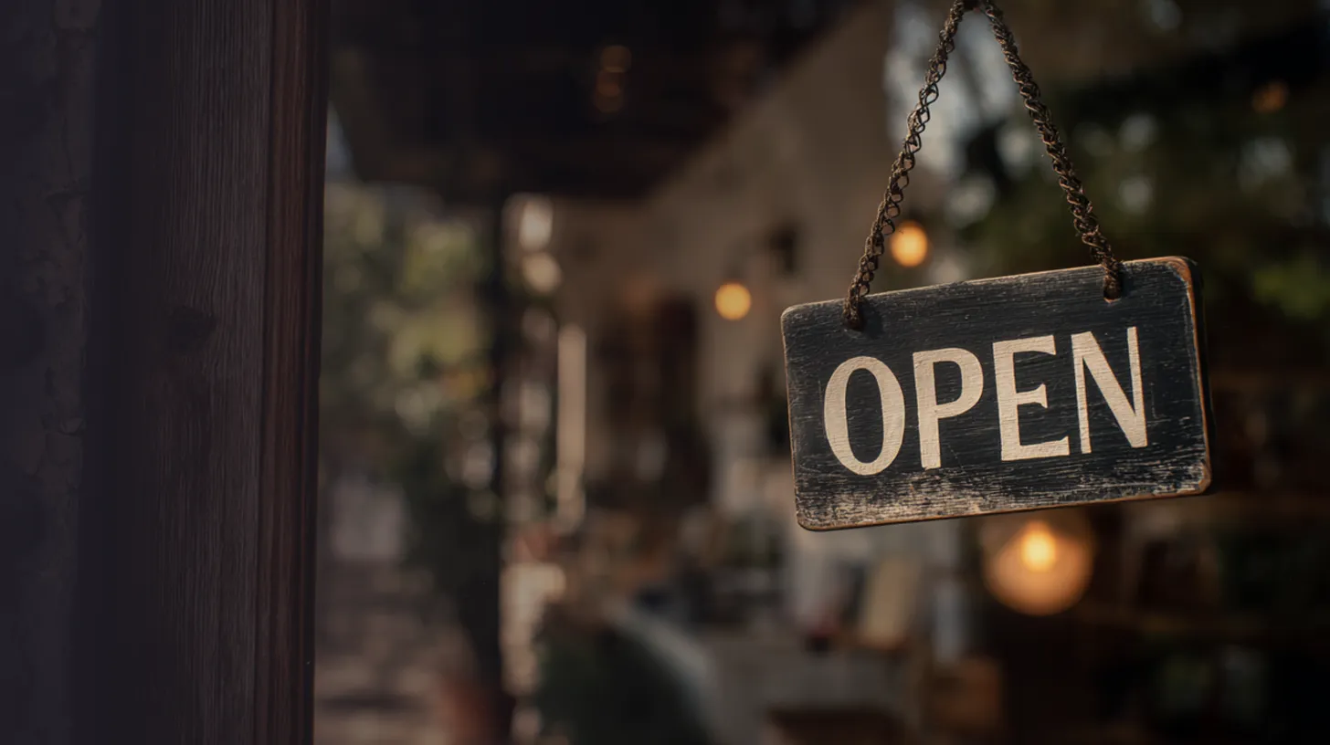 Rustic wooden sign with the word OPEN hanging by a chain at a shop entrance.