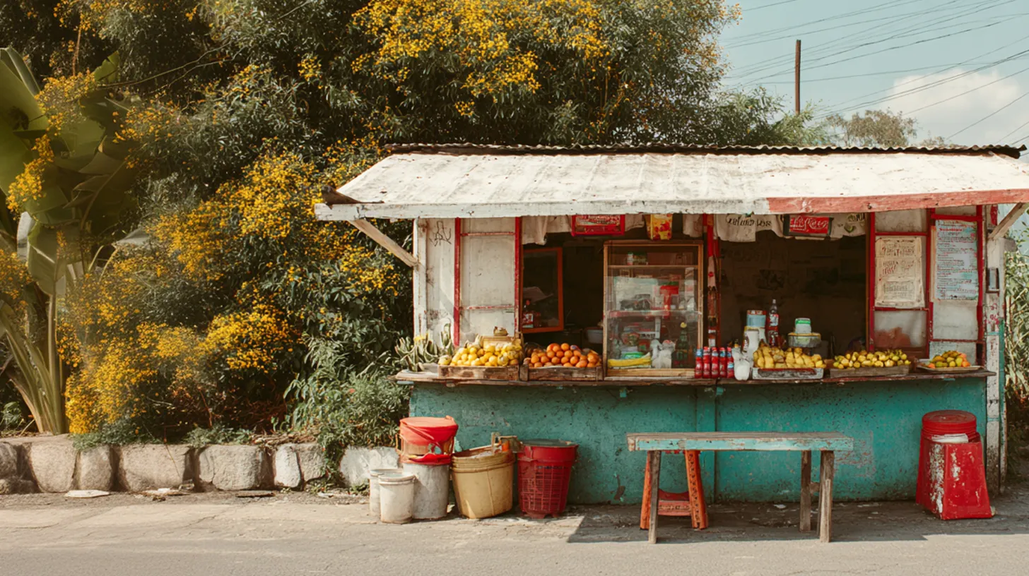 Small roadside fruit stand with oranges, bananas, and other produce in front of green bushes with yellow flowers.