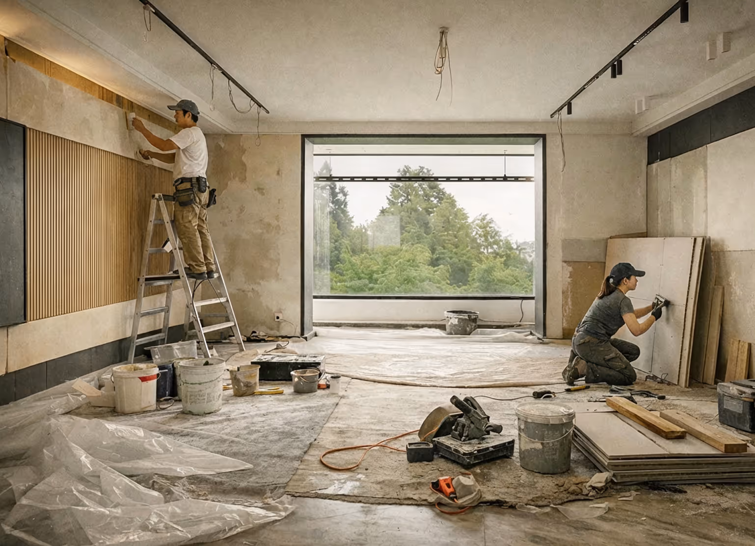 Image of two construction workers painting and polishing the living room walls.