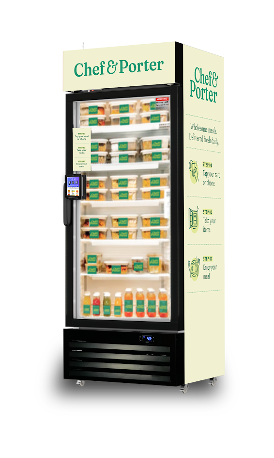 Chef & Porter branded refrigerated vending machine stocked with meals and drinks, featuring a touchscreen interface and step-by-step usage instructions on the side.