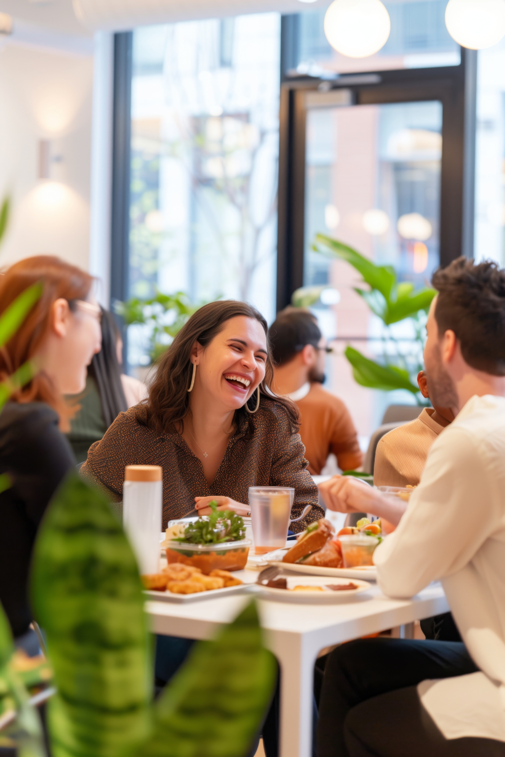 Group of friends happily chatting over a meal in a bright, modern café with plants in the background.