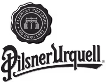 Pilsner Urquell brewery emblem with historic gate illustration and curved Pilsner Urquell text.