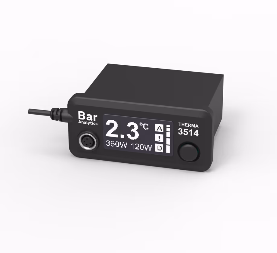 Black Bar Analytics Therma 3514 device displaying temperature 2.3°C and power ratings 360W and 120W on a digital screen.