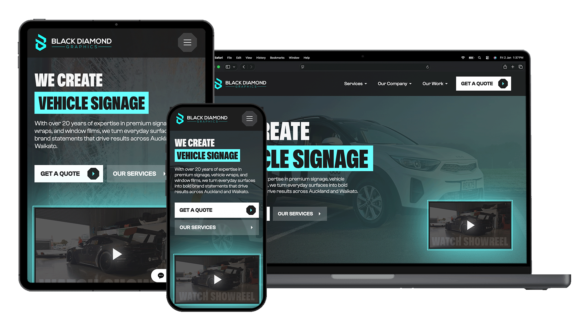 a macbook, a iphone and an ipad all showing a webflow website with repsonsive design and breakpoints shown across all screen sizes