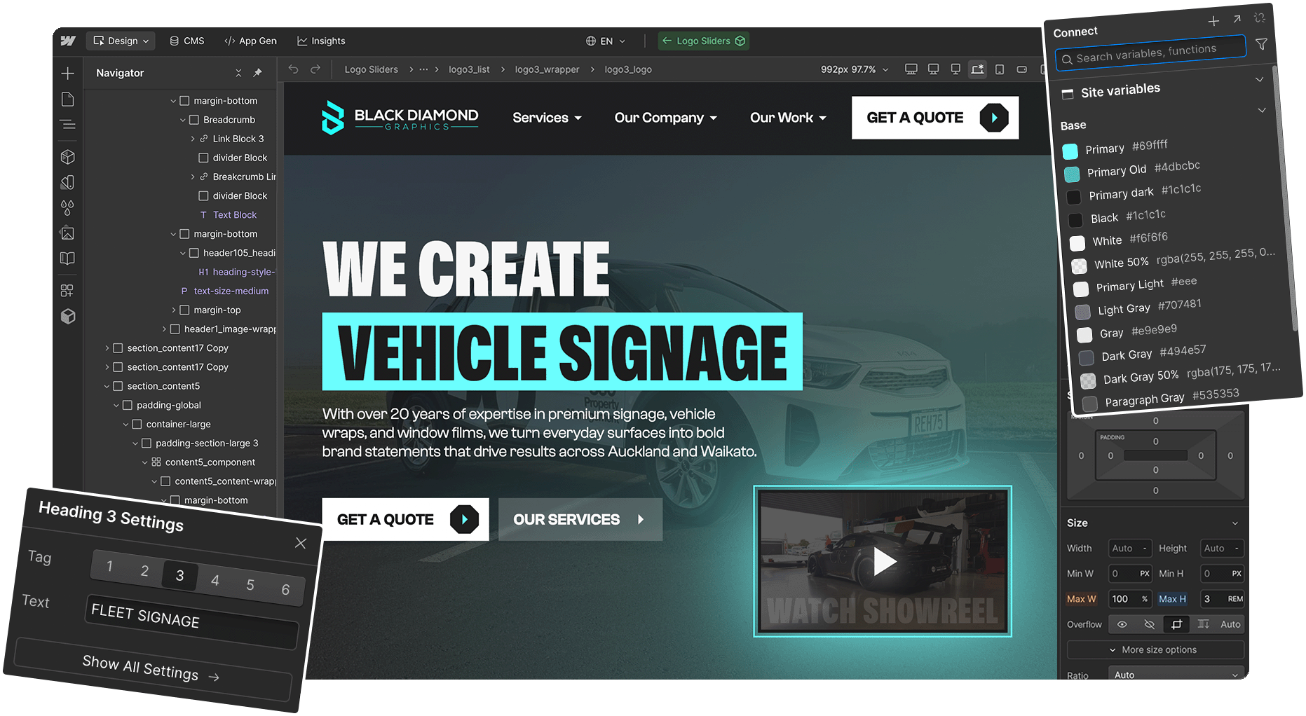 window showing the webflow designer interface with panels for colour selection, text editing and layer selection