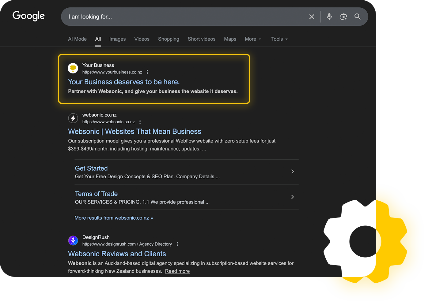 window showning search results on google with the top line reading "your business deserves to be here"