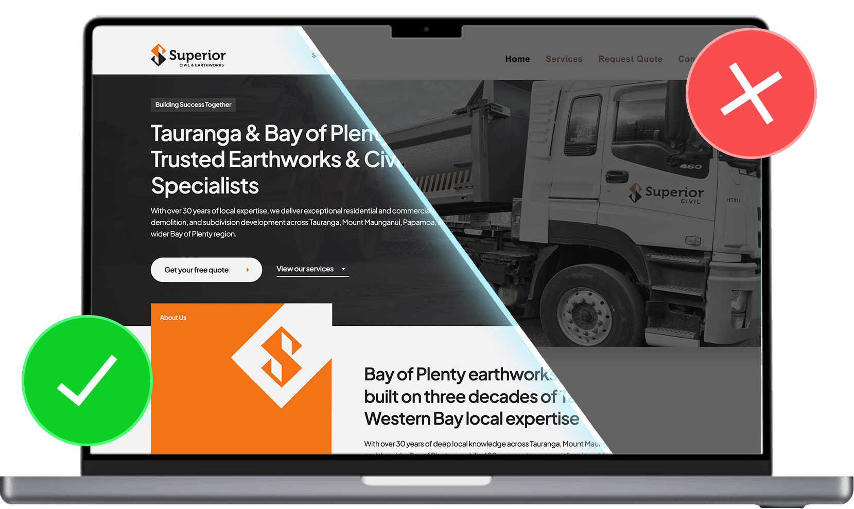 macbook pro showing a side by side of good webdesign vs poor webdesign 