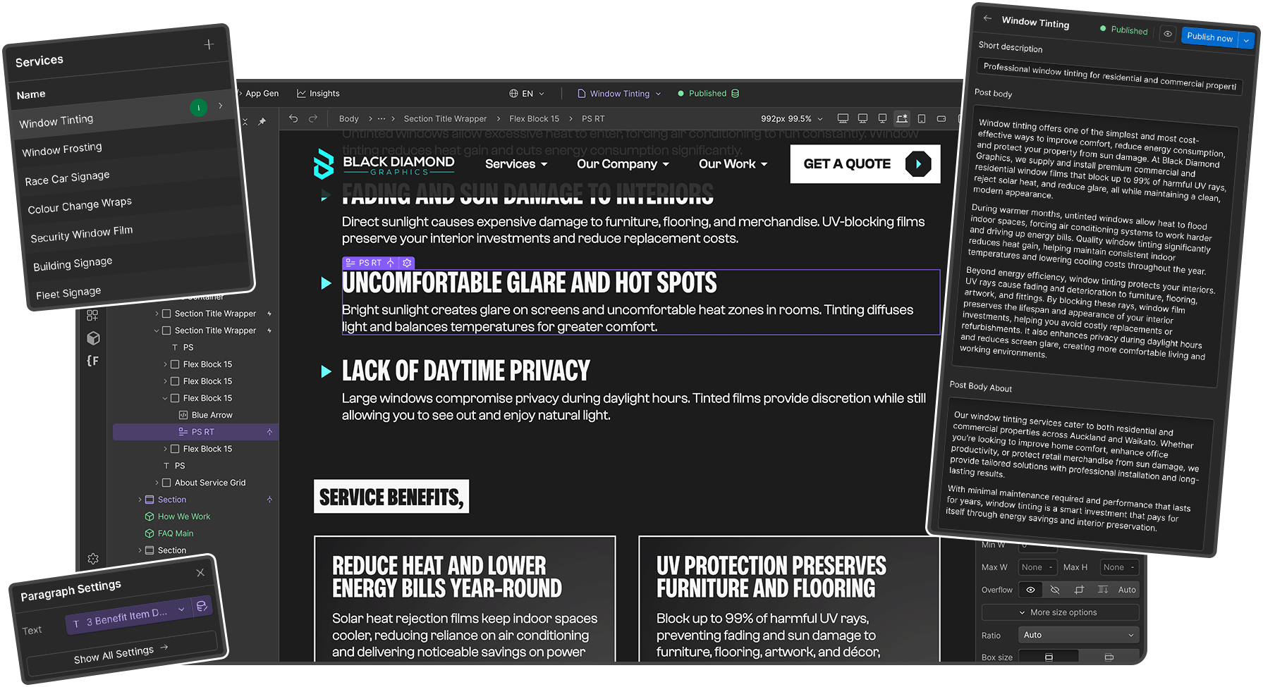 window showing webflow CMS interface with editing panels surrounding