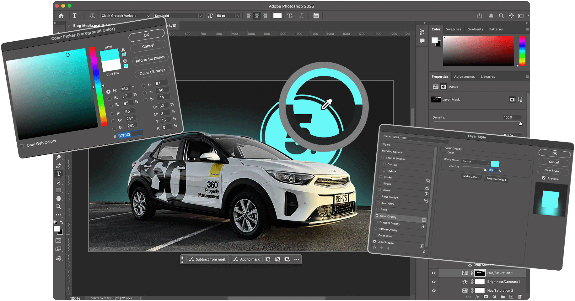 window of photoshop with a car scene being edited with overlays for color picker and filters