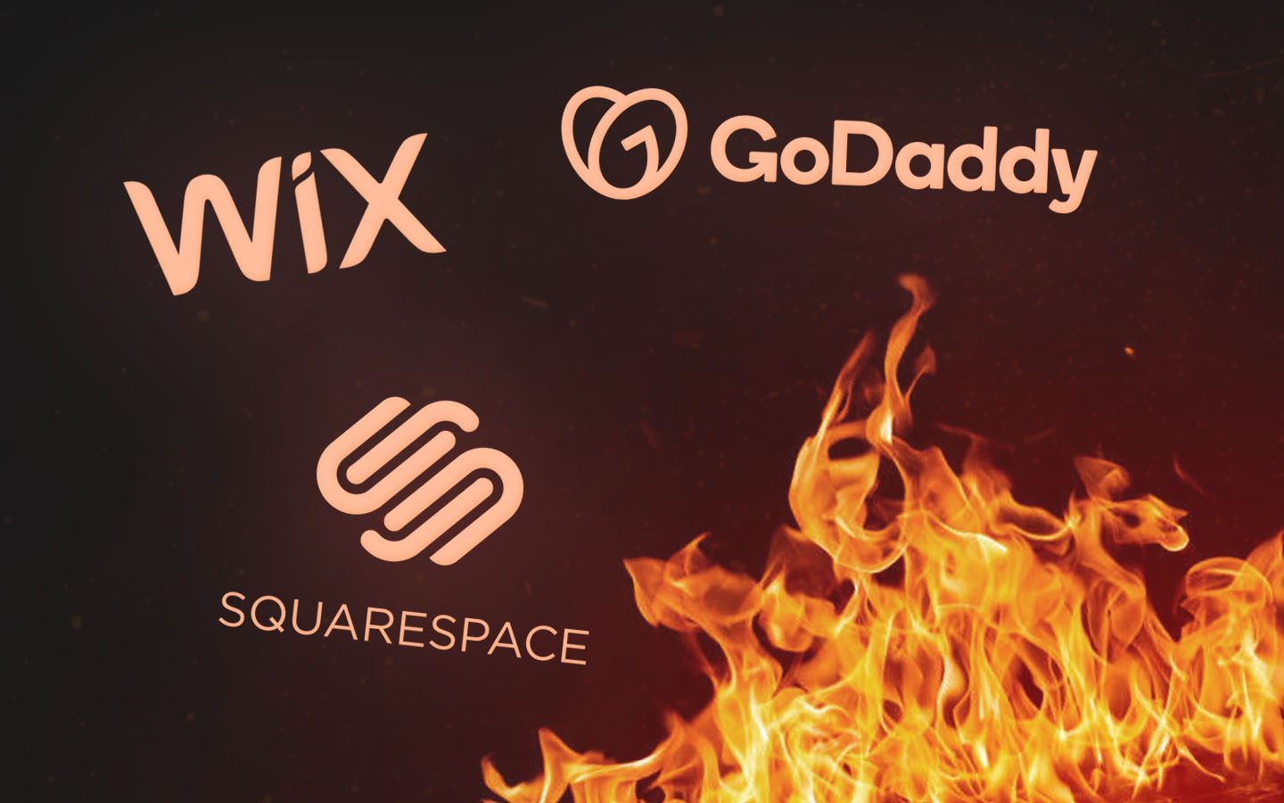 logos of Wix, godaddy and Squarespace floating above a fire