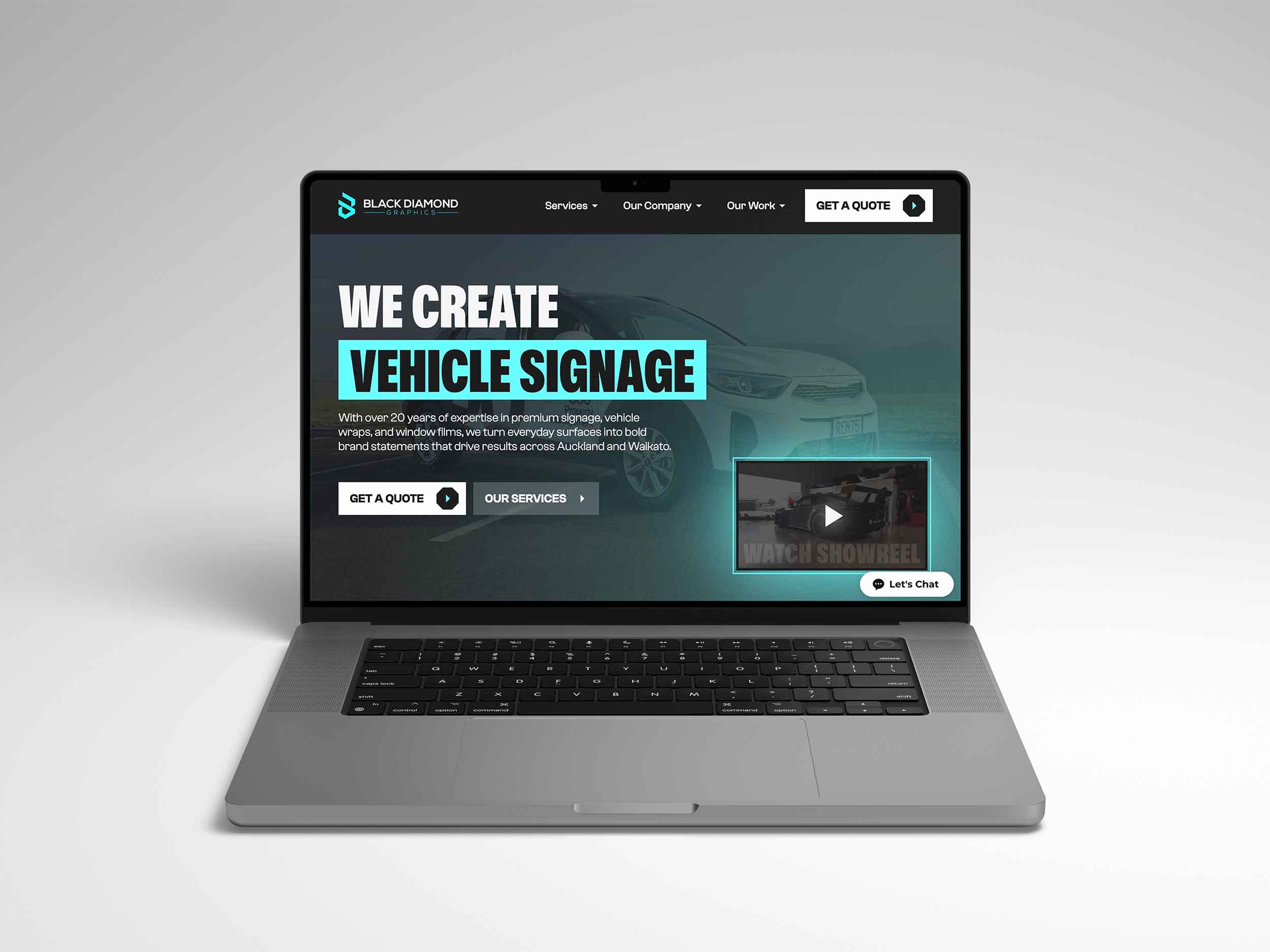 Black Diamond Graphics website shown on a macbook pro on a white background