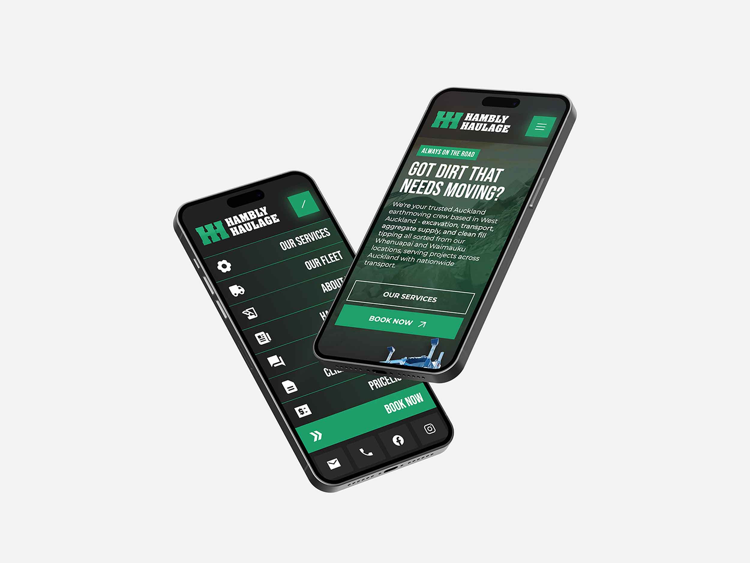 Hambly Haulage website shown on two iphone floating on a white background